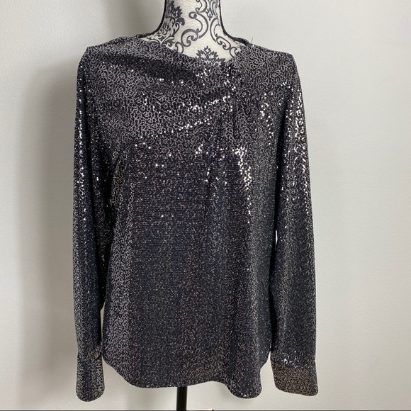 Zara Black Sequin Knot Collar Blouse L